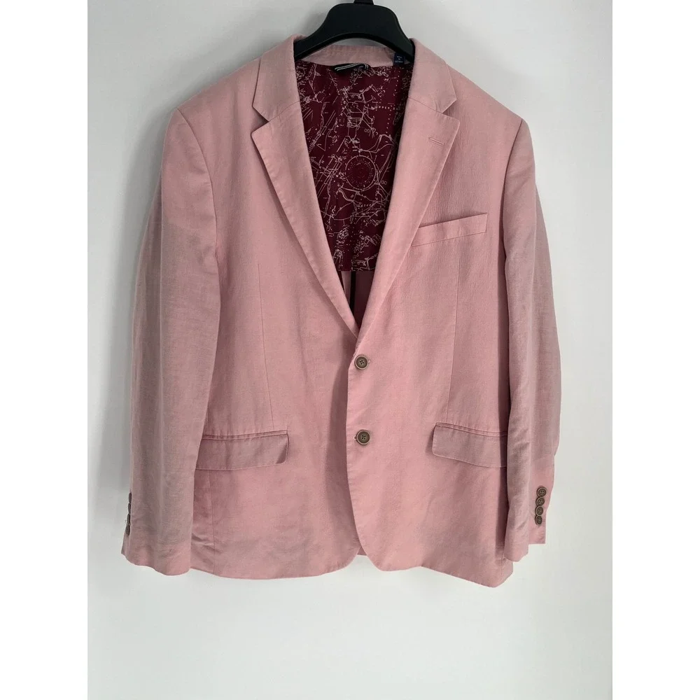 Nautica Linen Blend Blazer Sport Coat Men 44R Pink‎ Map Print Lining Hamptons